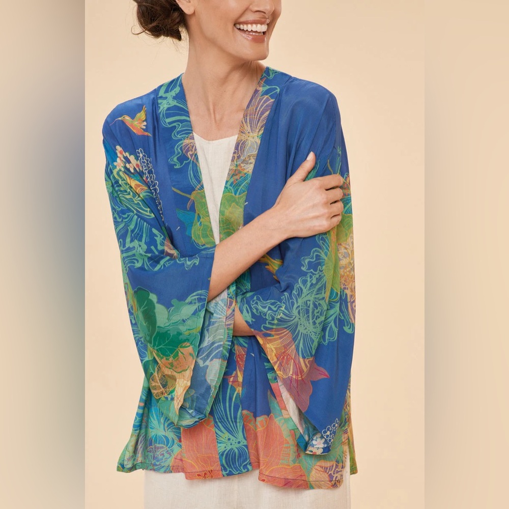 Powder Floral Hummingbird short kimono in denim blue viscose-NEW